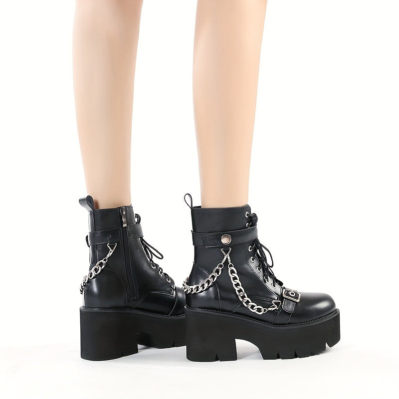 Chain & Buckle Belt Decor Chunky Heel Boots