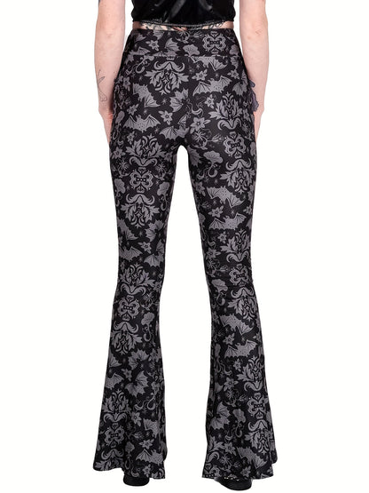 Gothic Bat Floral Print Flare Pants