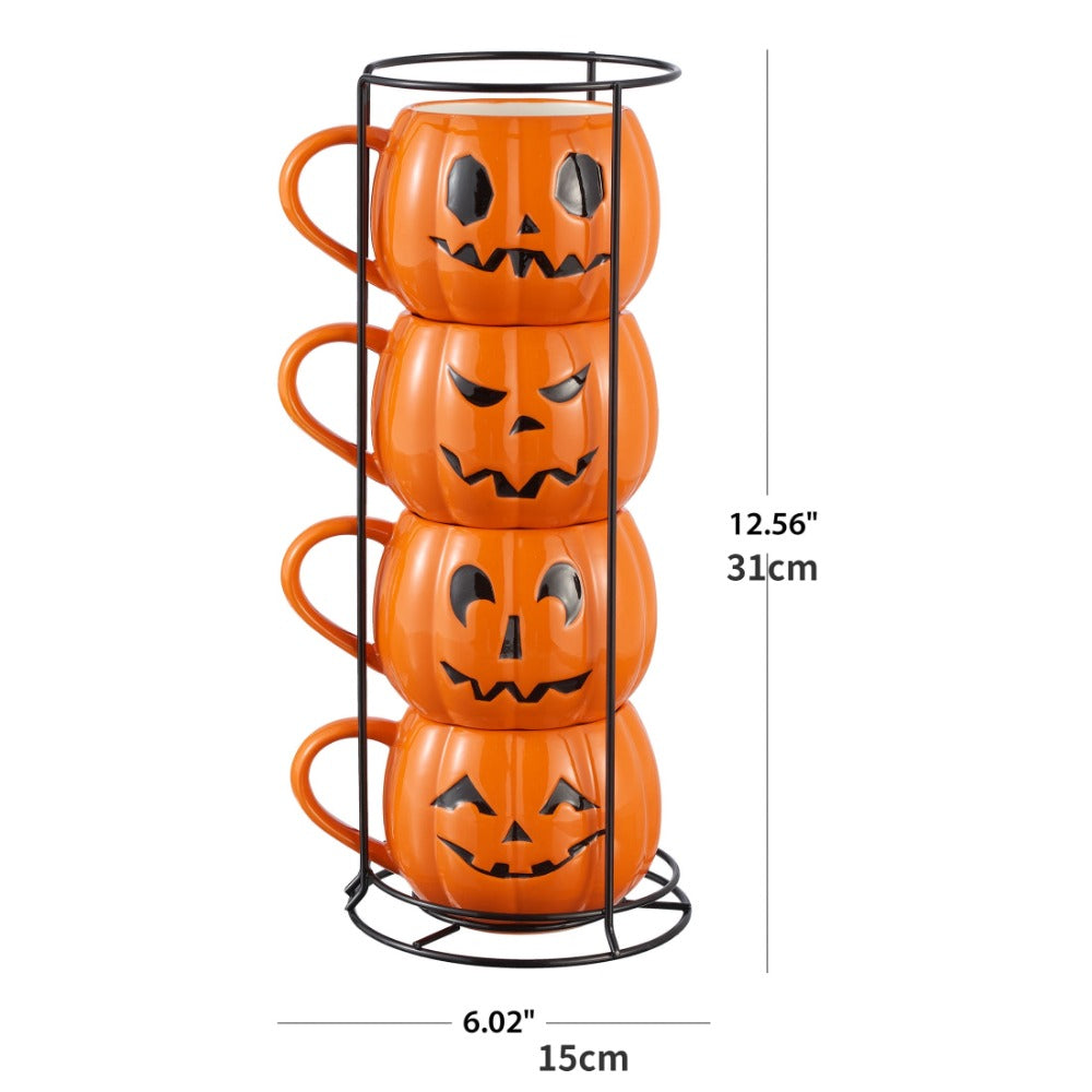 Jack-o-lantern Pumpkins Stackable Mug Set with Iron Rack