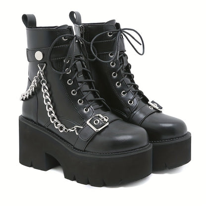 Chain & Buckle Belt Decor Chunky Heel Boots