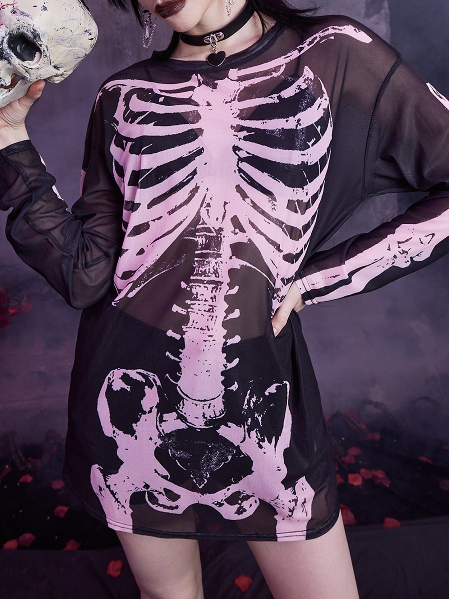 Long Skeleton Print Mesh Dress