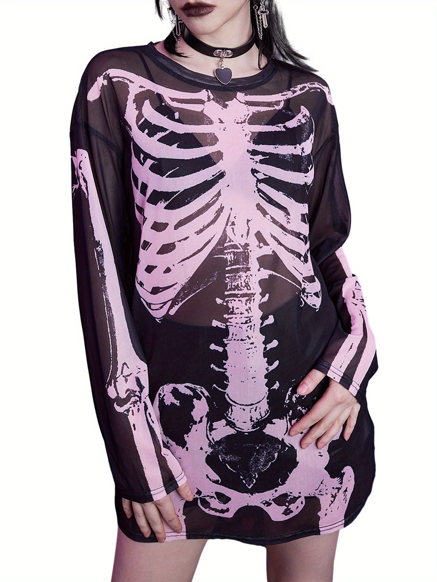 Long Skeleton Print Mesh Dress