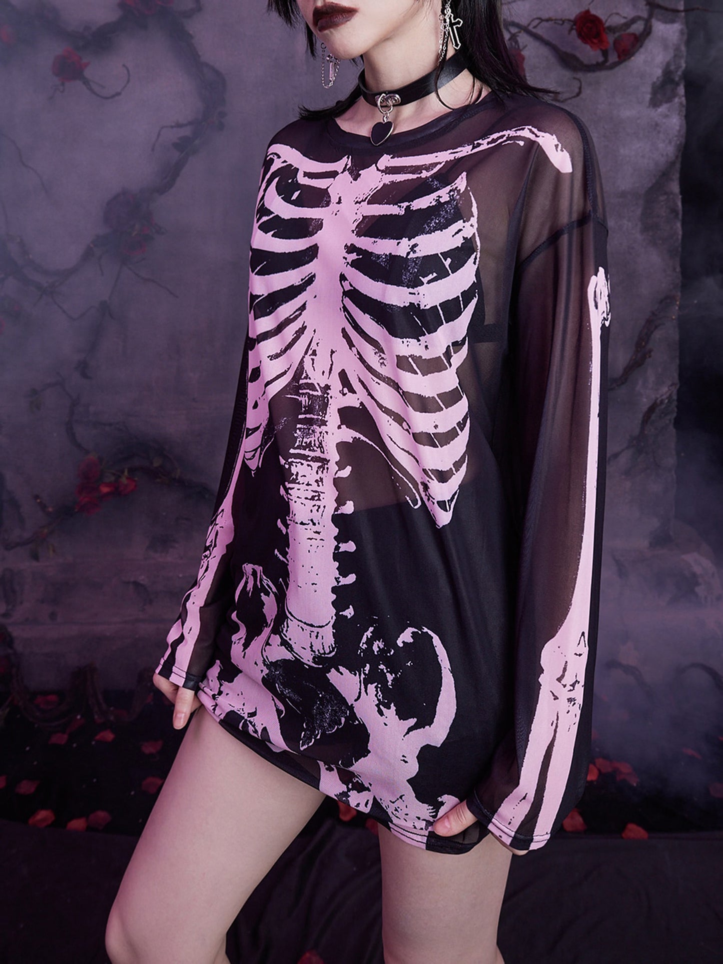 Long Skeleton Print Mesh Dress