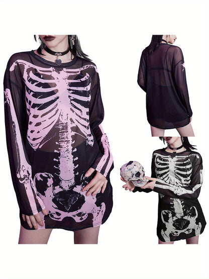 Long Skeleton Print Mesh Dress