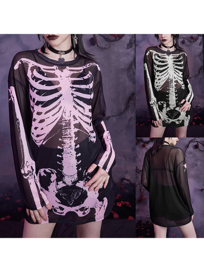 Long Skeleton Print Mesh Dress