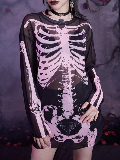 Long Skeleton Print Mesh Dress