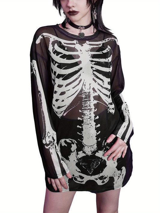 Long Skeleton Print Mesh Dress