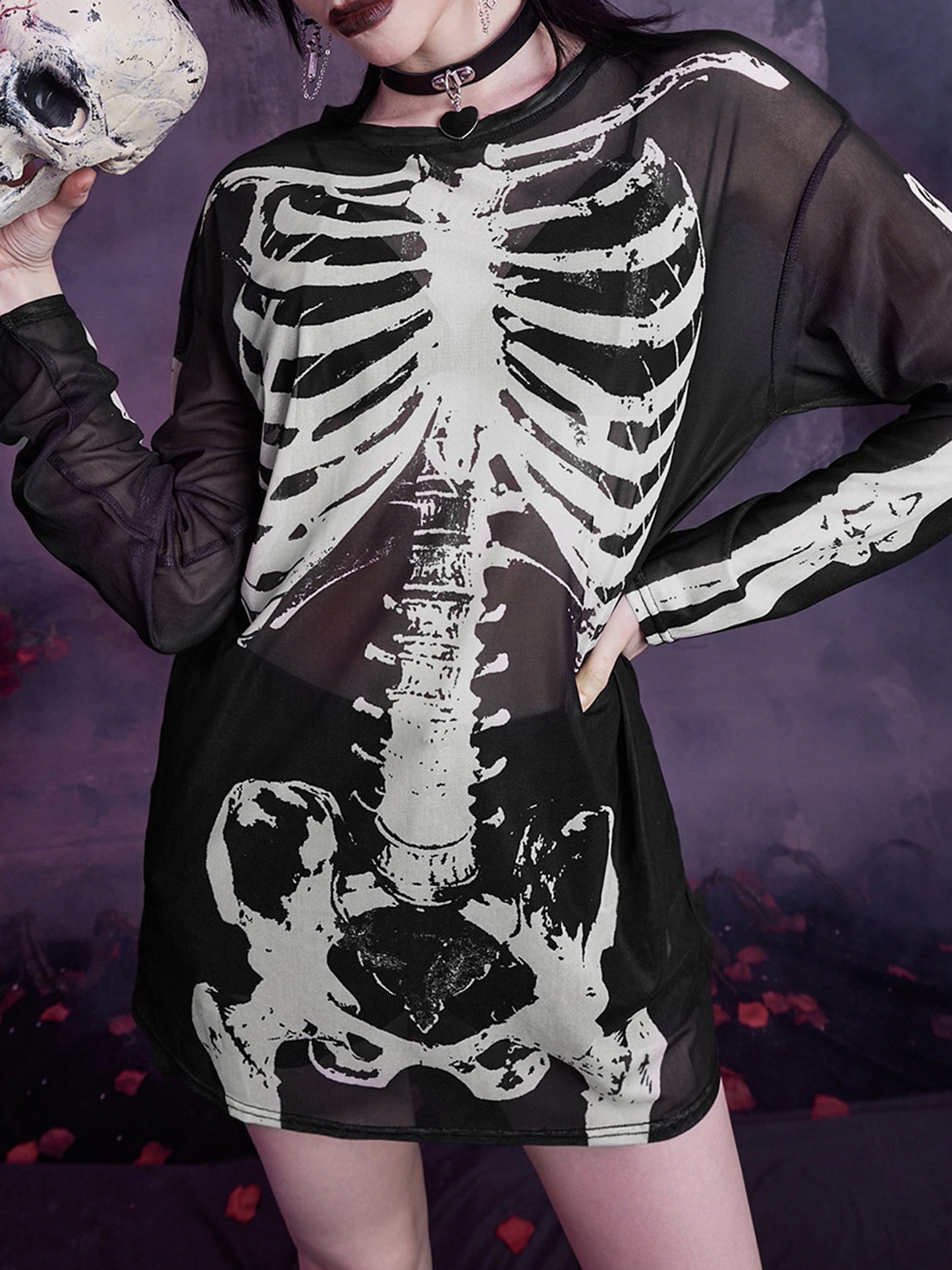 Long Skeleton Print Mesh Dress