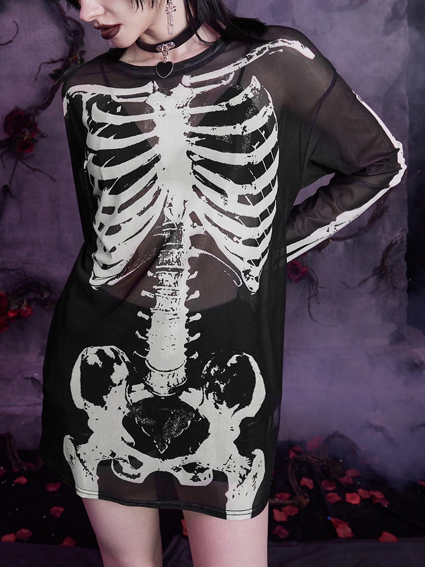 Long Skeleton Print Mesh Dress