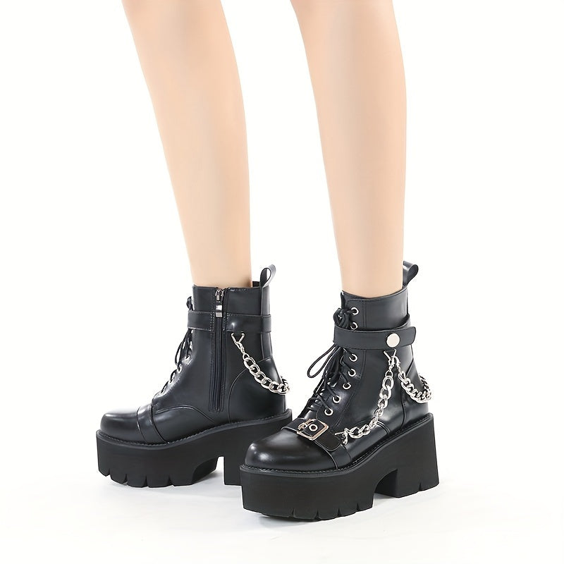 Chain & Buckle Belt Decor Chunky Heel Boots