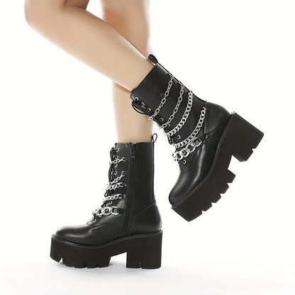 Chain-Decorated Ankle Boots with High Platform And Side Zipper