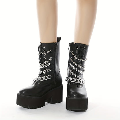 Chain-Decorated Ankle Boots with High Platform And Side Zipper