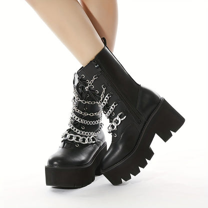 Chain-Decorated Ankle Boots with High Platform And Side Zipper