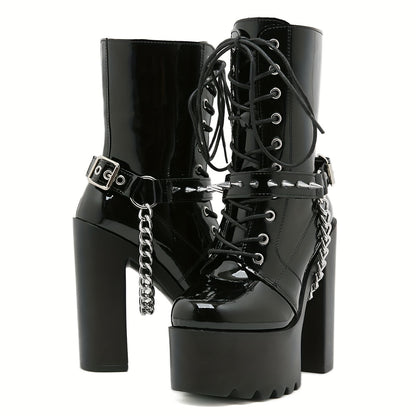 Punk Boots With Crisscross Straps, Chains, Rivets, And Belt Buckles