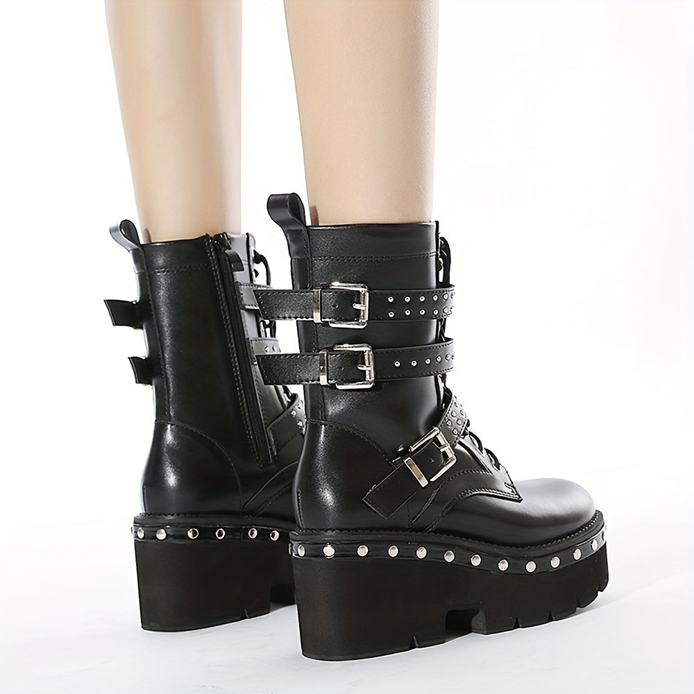 Round Toe Lace Up Buckle DecorBoots