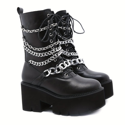 Chain-Decorated Ankle Boots with High Platform And Side Zipper