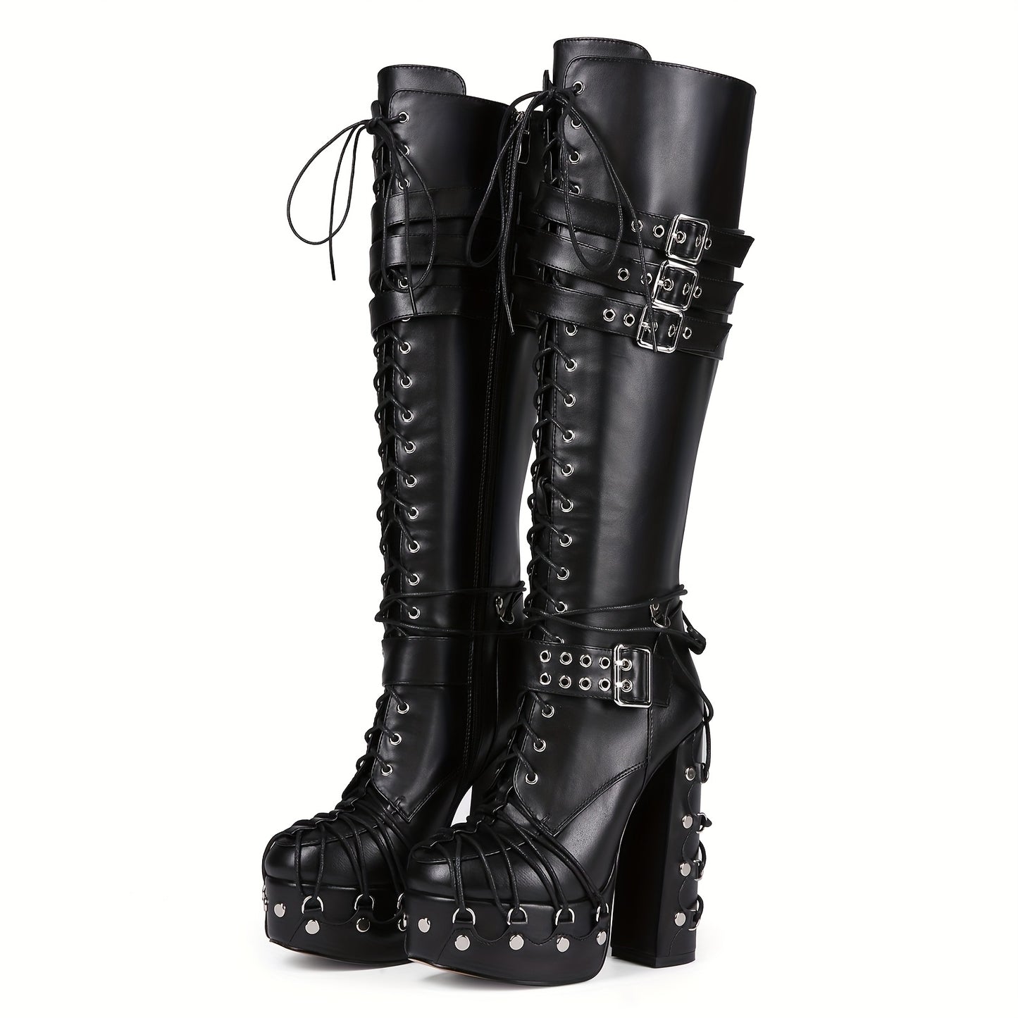 Lace Up Buckle Over-the-Knee Boots with Chunky High Heel