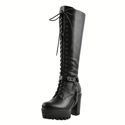 Punk Lace Up Knee High Chunky Heel Metallic Chain Decor Boots