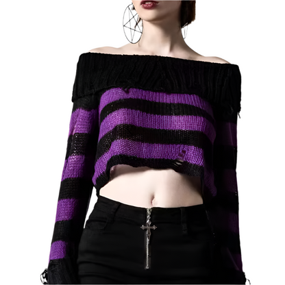 Amethyst Striped Off Shoulder Crop Distressed Sweater