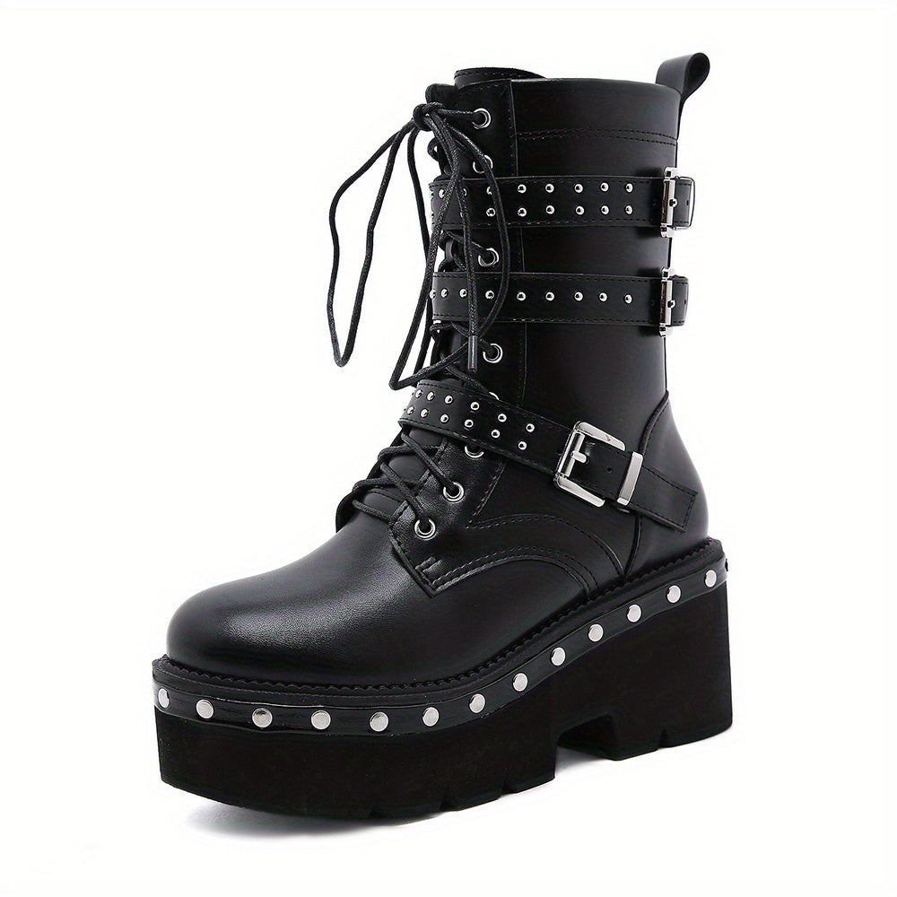 Round Toe Lace Up Buckle DecorBoots