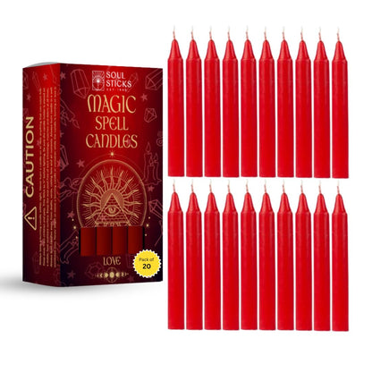 SOUL STICKS Love Magic Spell Chime Taper Candles 20 Pack - Ideal for Altar, Rituals, Ceremonies, Meditation Red Colored Candle for Witchcraft Supplies, Wiccan Supplies and Tools, Candle Clearance