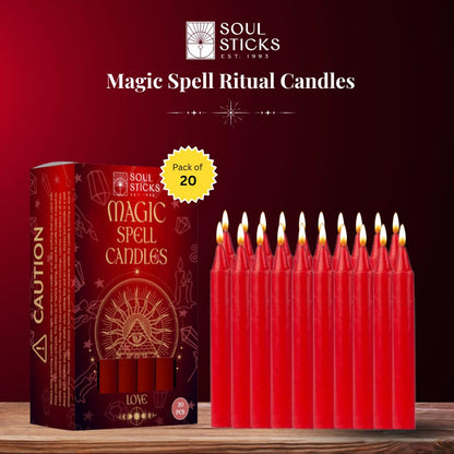 SOUL STICKS Love Magic Spell Chime Taper Candles 20 Pack - Ideal for Altar, Rituals, Ceremonies, Meditation Red Colored Candle for Witchcraft Supplies, Wiccan Supplies and Tools, Candle Clearance