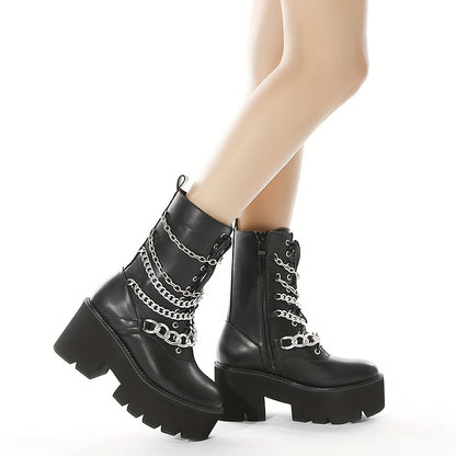 Chain-Decorated Ankle Boots with High Platform And Side Zipper