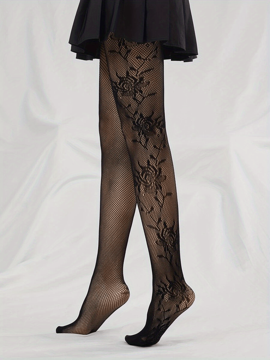 Black Flower Pattern Fishnet Tights