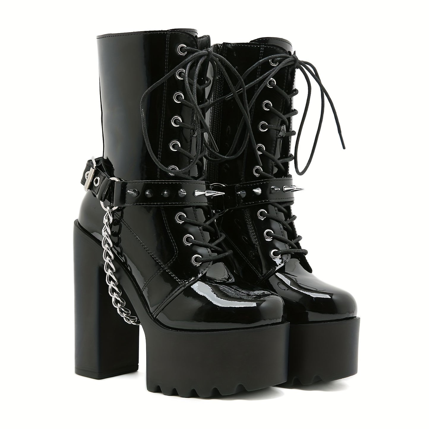 Punk Boots With Crisscross Straps, Chains, Rivets, And Belt Buckles