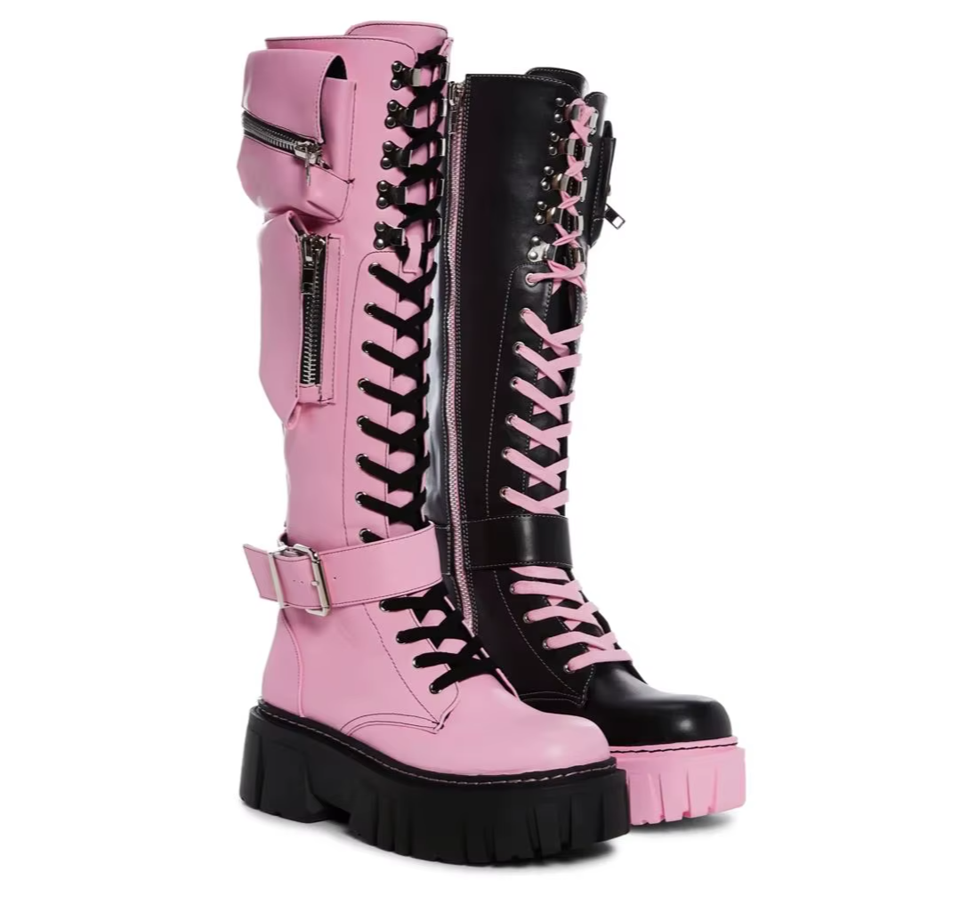 Black and Pink Pocket Leather Knee High Boots