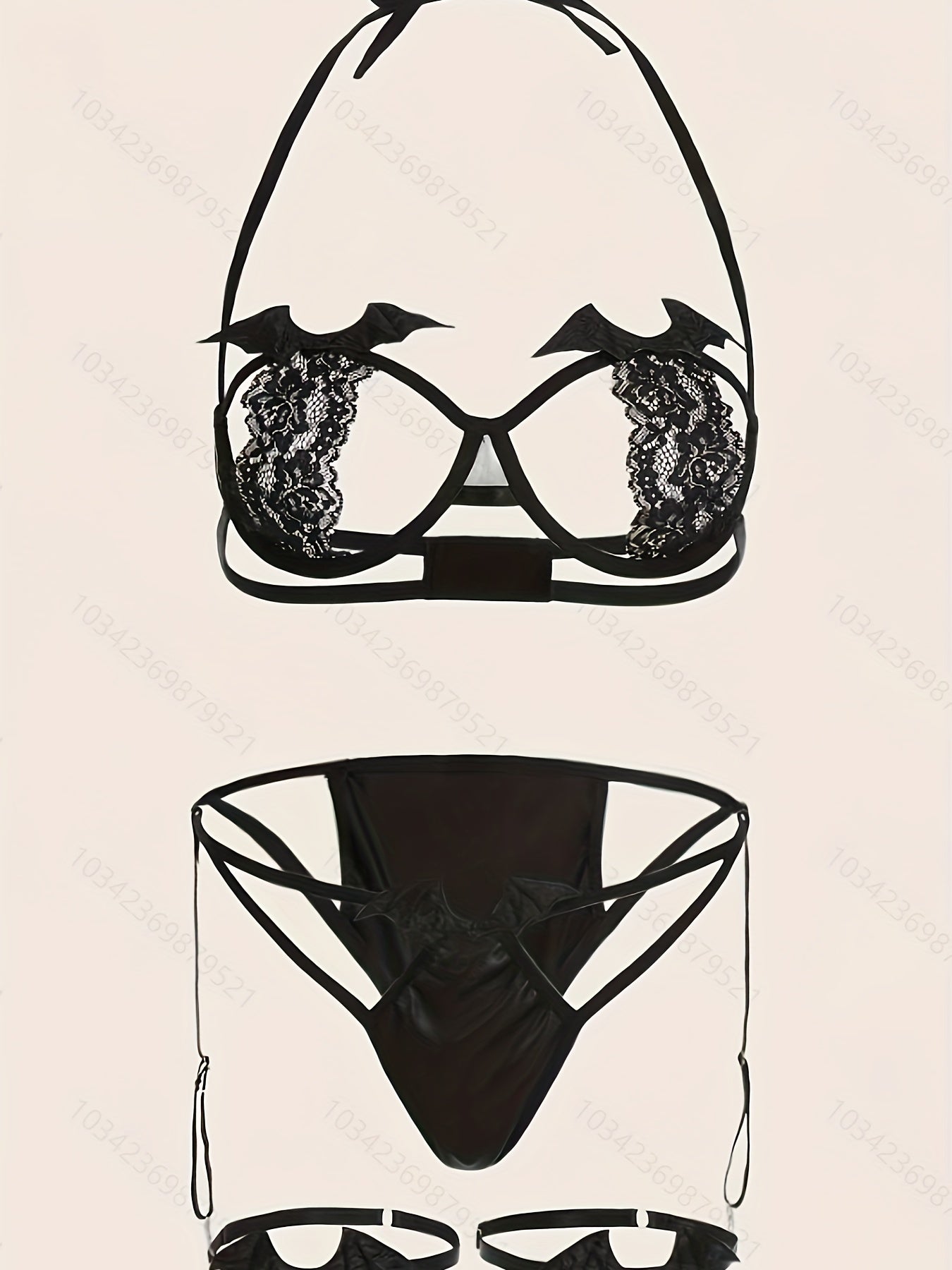 Bat-patterned Backless Design With Leg Straps Lingerie Set