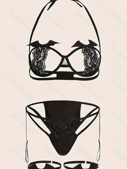 Bat-patterned Backless Design With Leg Straps Lingerie Set