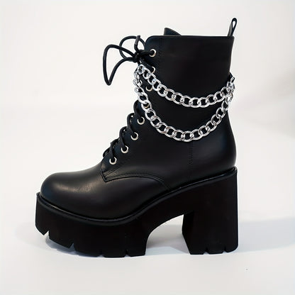 Women's Chunky Heeled Short Boots, Punk Style Chain Decor Platform Boots, Side Zipper High Heeled Boots