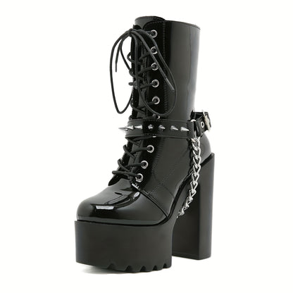 Punk Boots With Crisscross Straps, Chains, Rivets, And Belt Buckles