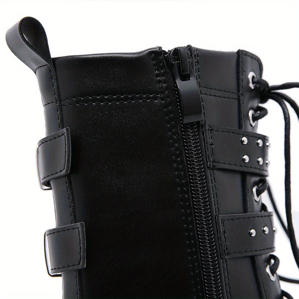 Round Toe Lace Up Buckle DecorBoots