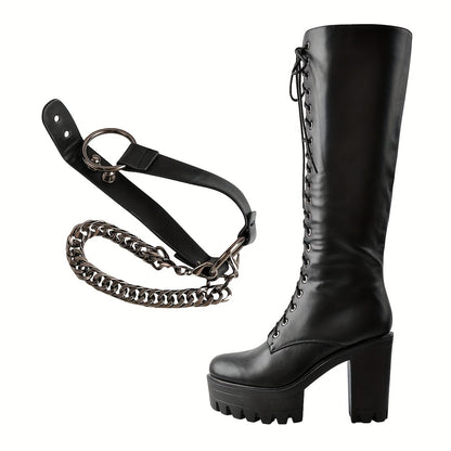 Punk Lace Up Knee High Chunky Heel Metallic Chain Decor Boots