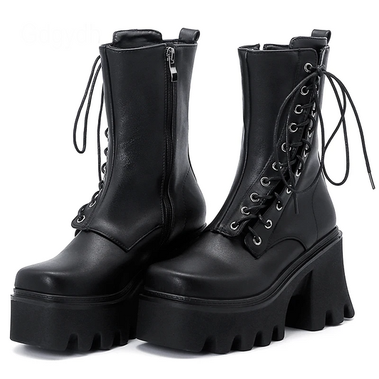 Black Punk Grunge Side Lace Up Combat Boots