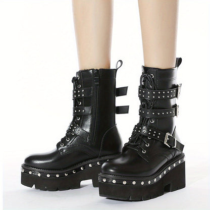 Round Toe Lace Up Buckle DecorBoots