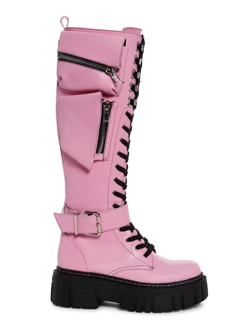 Black and Pink Pocket Leather Knee High Boots