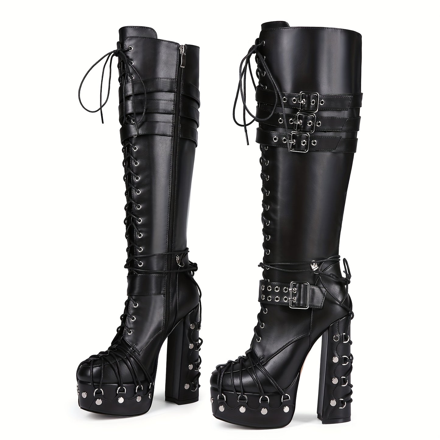 Lace Up Buckle Over-the-Knee Boots with Chunky High Heel