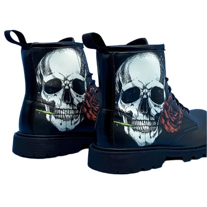 Skull And Rose Pattern Lace-up Boots