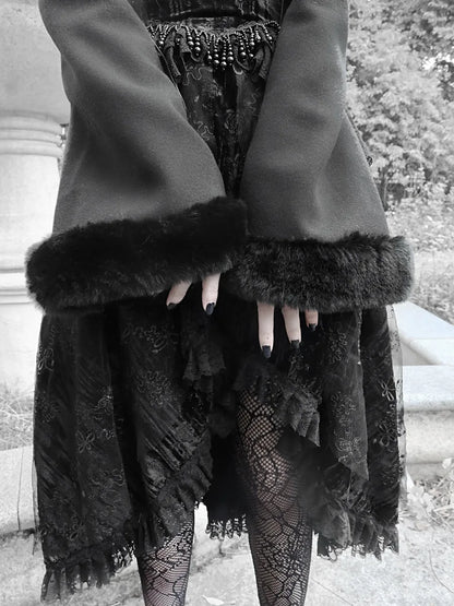 Gothic Black Woolen Bat Collar Flare Sleeve Short Coat