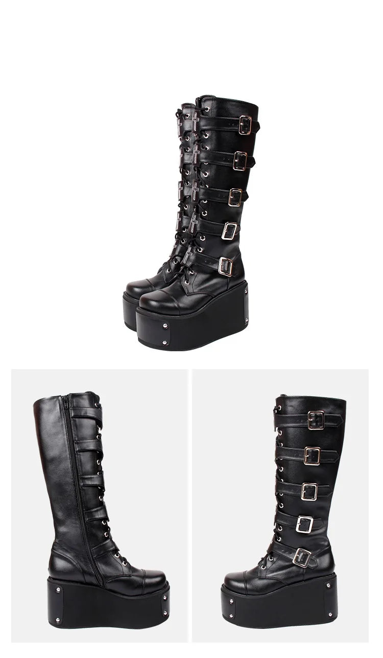 Cross Buckle High Rise Gothic Platform Boots