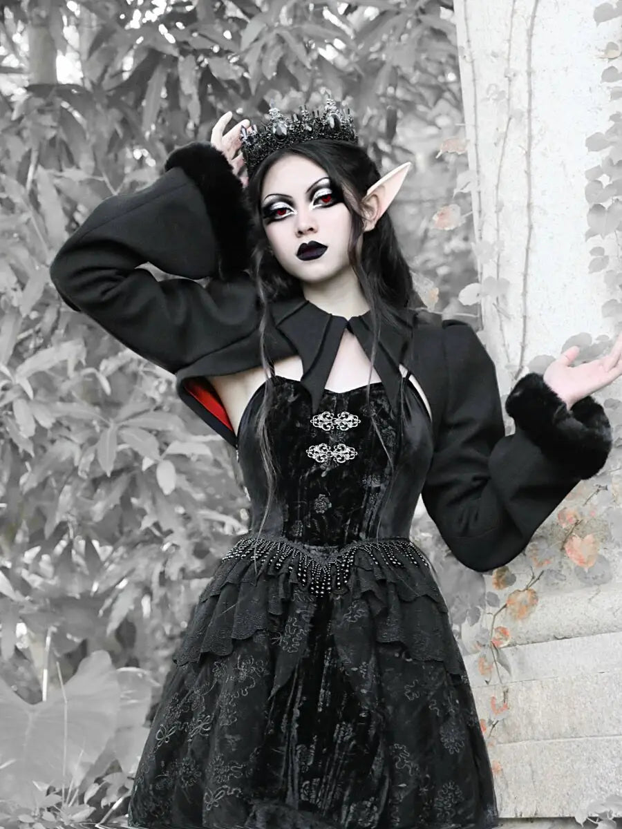 Gothic Black Woolen Bat Collar Flare Sleeve Short Coat