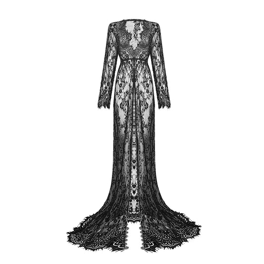 Midnight Reverie: Long Black Lace Dress with Ornate Floral Pattern