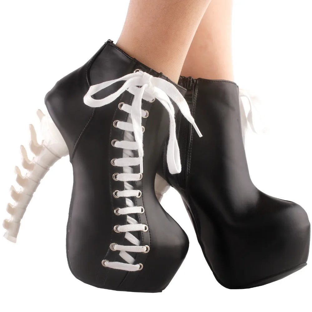 Punk Two Tone Lace up Zip High-top Bone Platform Ankle Boots