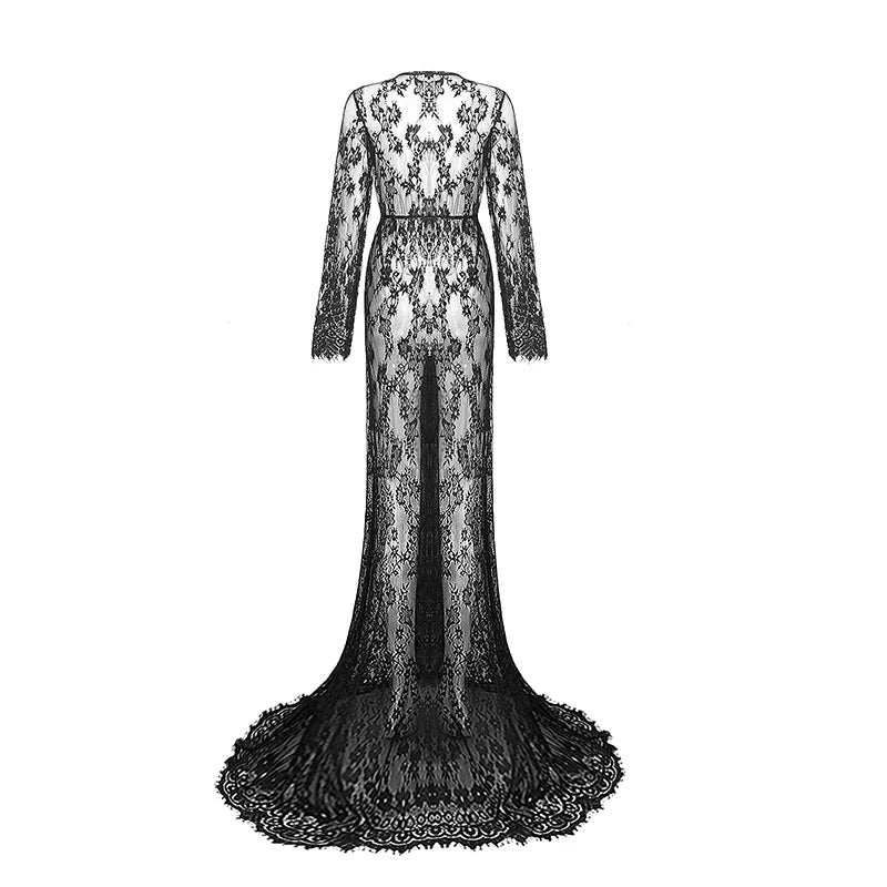 Midnight Reverie: Long Black Lace Dress with Ornate Floral Pattern