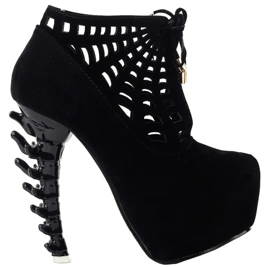 Punk Black Spider Web Lace-Up Platform Bone Heel Ankle Boots