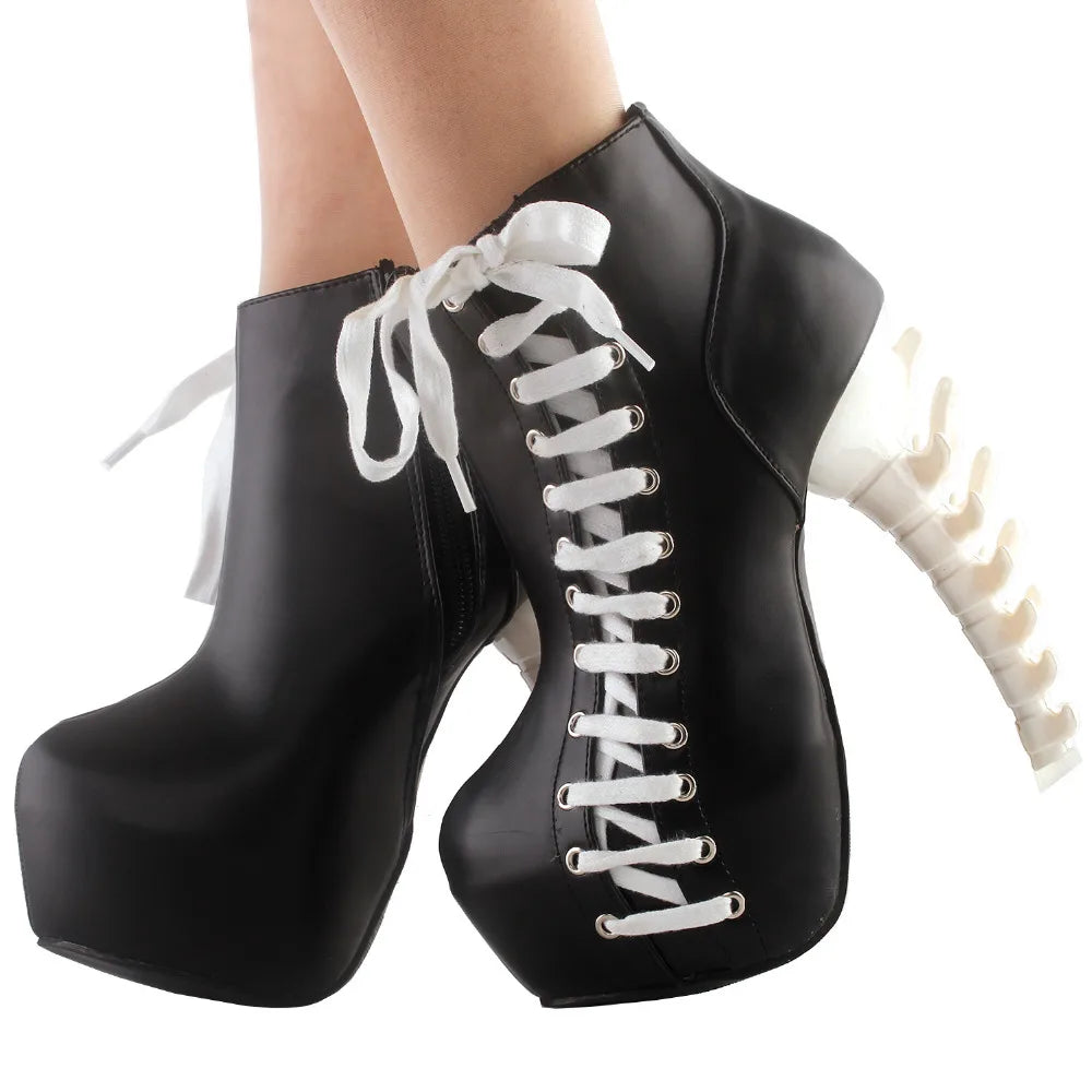 Punk Two Tone Lace up Zip High-top Bone Platform Ankle Boots