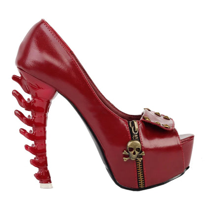 Punk Black Skull Head Zip Platform Bone Heels